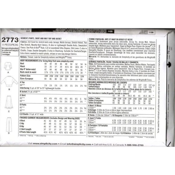 Simplicity 2773 Womens 26W to 32W Skirt, Top, Pants and Jacket Sewing Pattern - Picture 2 of 2